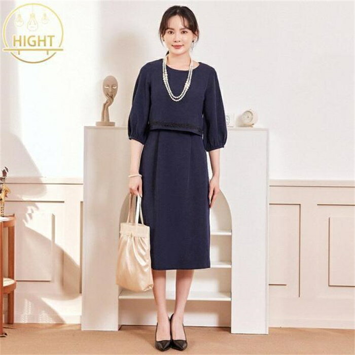 ロングワンピース 春秋 レディース 7分丈 ワンピース Aライン 着痩せ ミモレ丈 きれいめ 無地 上品 大人 通勤 OL 二次会 エレガント卒業式