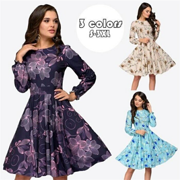 ワンピース レディース aラインワンピース ドレス 春秋 長袖 花柄 プリント 丸い襟 パーティードレス 膝丈 オシャレ 通勤 大人 OL 上品 着痩せ レトロ