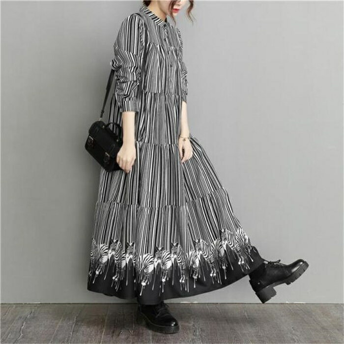 シャツワンピース ロング丈 サイズL＆XL レディース 長袖 トップス 30代40代50代 ゆとりのあるオーバーサイズシルエット ブラック