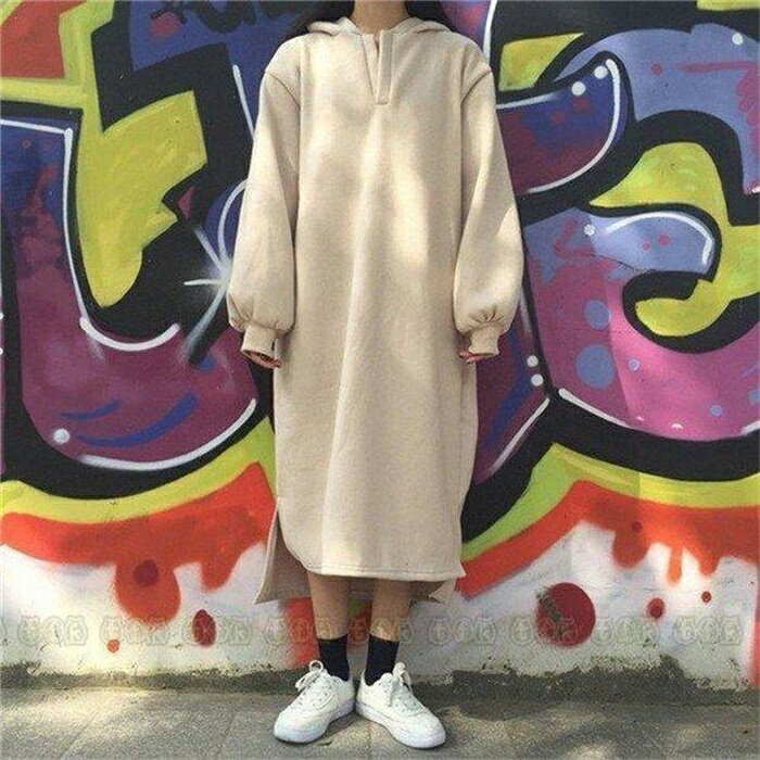 乐天商城 - ワンピース レディース ロングワンピース トップス カジュアル プルオーバー ゆったり フード付き ファション 長袖 冬 秋 春
