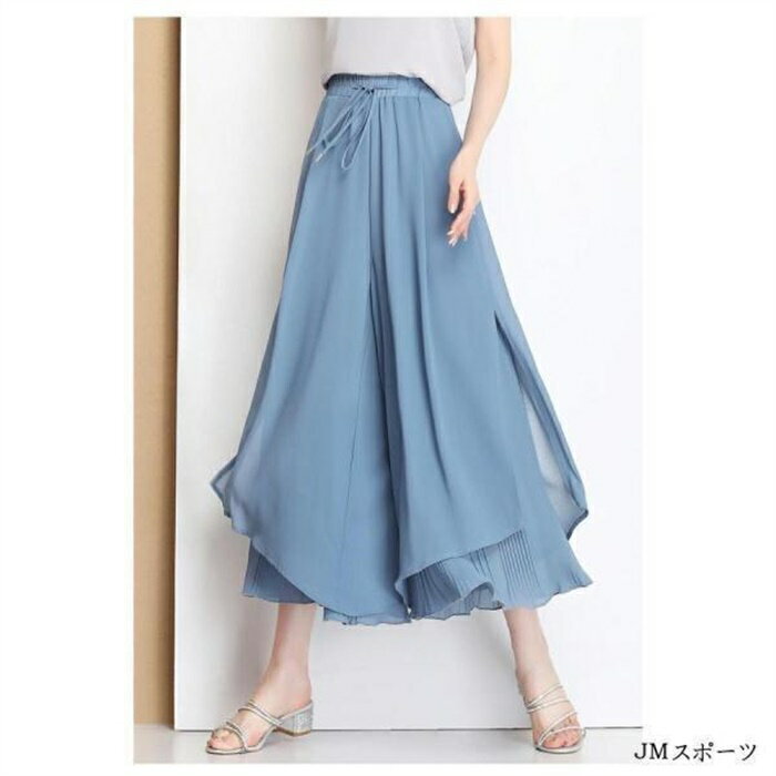 ガウチョパンツ ワイドパンツ レディース シフォン 裾プリーツ リブフレアパンツ ...