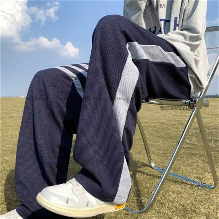 メンズ ワイドパン スウェットパンツ ゆったり ストレートパンツ ロング丈 カジュアルv シンブルデザイン 韓国ファッション イージーパンツ ストライプ柄