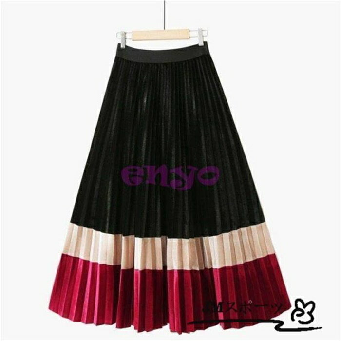 プリーツスカート ロングスカート スカート マキシ丈 フレアスカート ボトムス レディース ロング丈 プリーツ ベルベット ウエストゴム 3色スプライス 新作