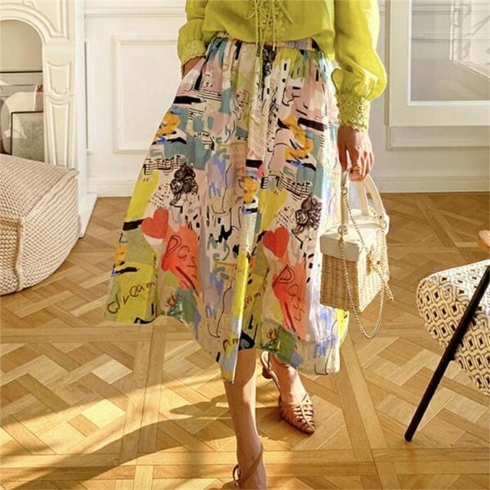 スカート レディース フレアスカート フレア 柄 おしゃれ カラフル Aライン プリント柄 ミモレ丈スカート フレアスカート エレガント ギャザー ウエストゴム