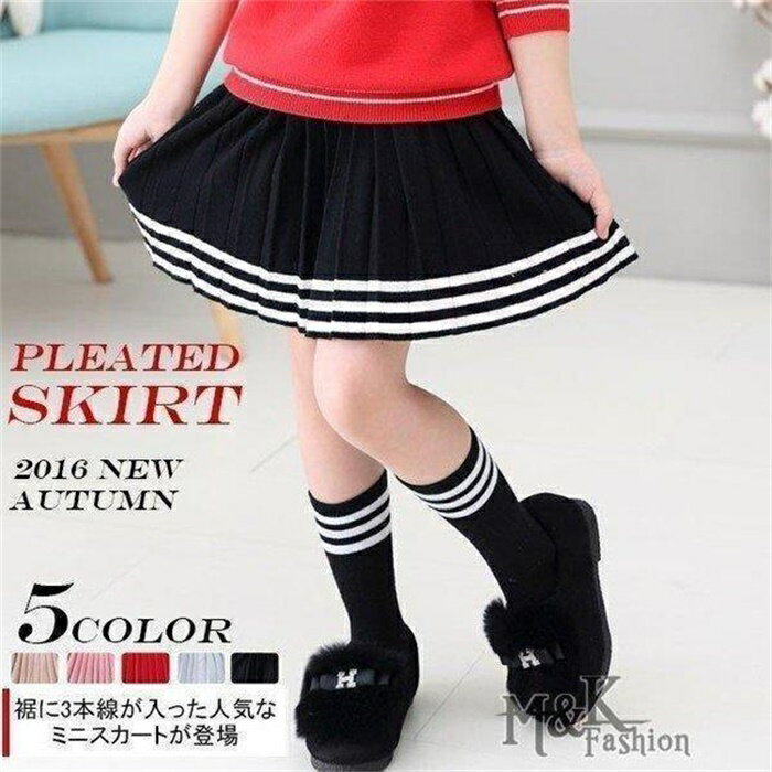 乐天商城 - スカート　ミニスカート　プリーツスカート　ニットスカート　子供用　キッズ　ジュニア　女の子　ハイウエスト　ストレッチポンチ　ラインボーダー