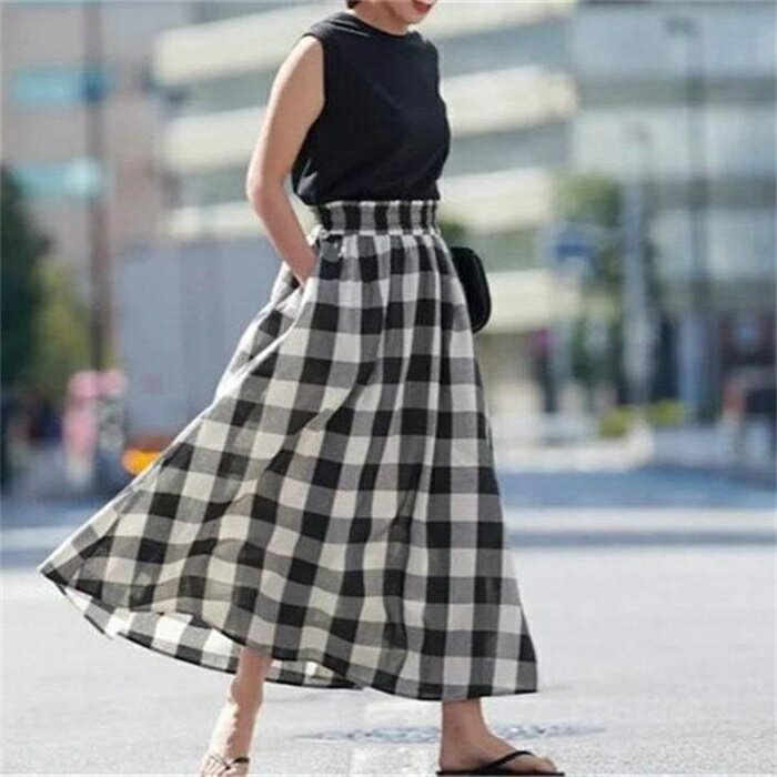 樂天商城 - フレアスカート レディース ブロックチェック ギャザー ロング丈 ミモレ丈 ポケット ウエストゴム 大人 ボトムス カジュアル おしゃれ 体型カバー オシャレ