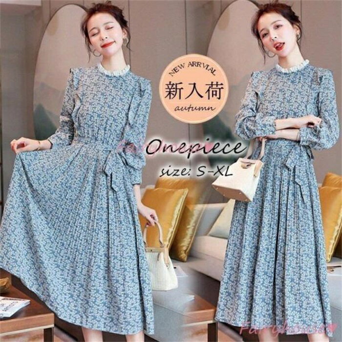 乐天商城 - ワンピース レディース 40代 きれいめ 花柄ワンピース 秋服 長袖ワンピース シフォンフレア リボン プリーツスカート オシャレ 大人 お出かけ 結婚式ドレス30代
