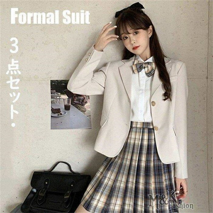 入学式 卒業式 スーツ 女の子 女子 高校生 フォーマルスーツ チェック柄 ジャケット コート スカート ブラウス セットアップ 3点セット 可愛い 発表会 S...