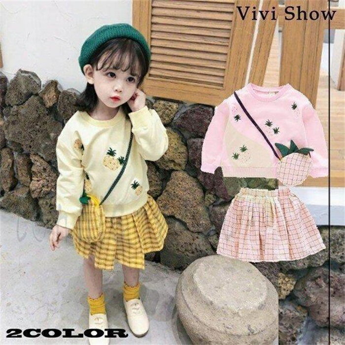 子供服 2点セット トップス+スカート パイナップル柄 長袖 スカート 刺繍 セットアップ ゆったり 女の子 カジュアル キッズ 可愛い