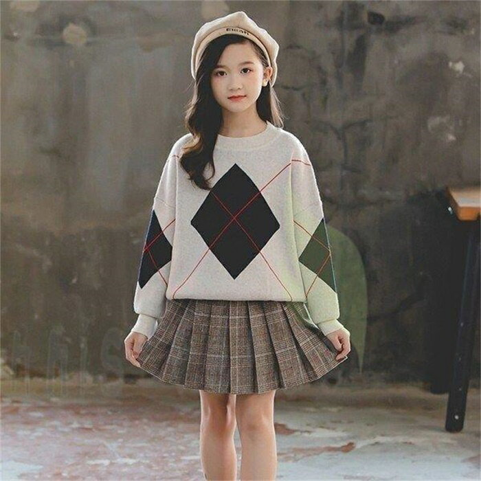 乐天商城 - 子供服 セットアップ 女の子 長袖 春秋 秋着 上下セット 韓国子供服 キッズ ジュニア 子供セーター ニットセーター スカート インナー 可愛い おしゃれ 通学着