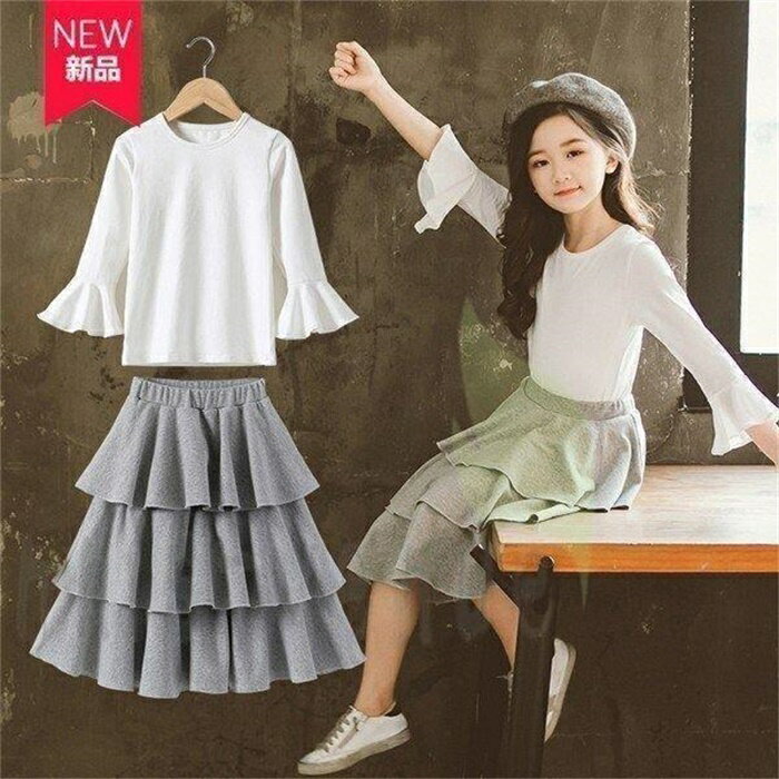Rakuten - 子供服 女の子 2点セット長袖 Tシャツ トップス スカート 春秋 キッズ ジュニア スカート セットアップ 新作 可愛い 上下セット