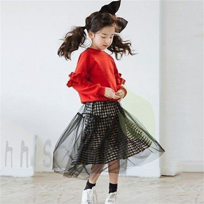 子供服 セットアップ 女の子 長袖 春秋 秋着 上下セット 韓国子供服 キッズ ジュニア ブラウス 丸首 スカート 膝丈 レース チェック柄 可愛い おしゃれ ...