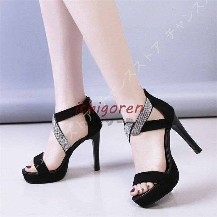 パンプス ハイヒール 黒 ストラップ付き 厚底 キラキラ 歩きやすい オープントゥ ピンヒール 厚底 通勤 外出 宴会大人 上品 オフィス お出かけ ビジュー(4.0)