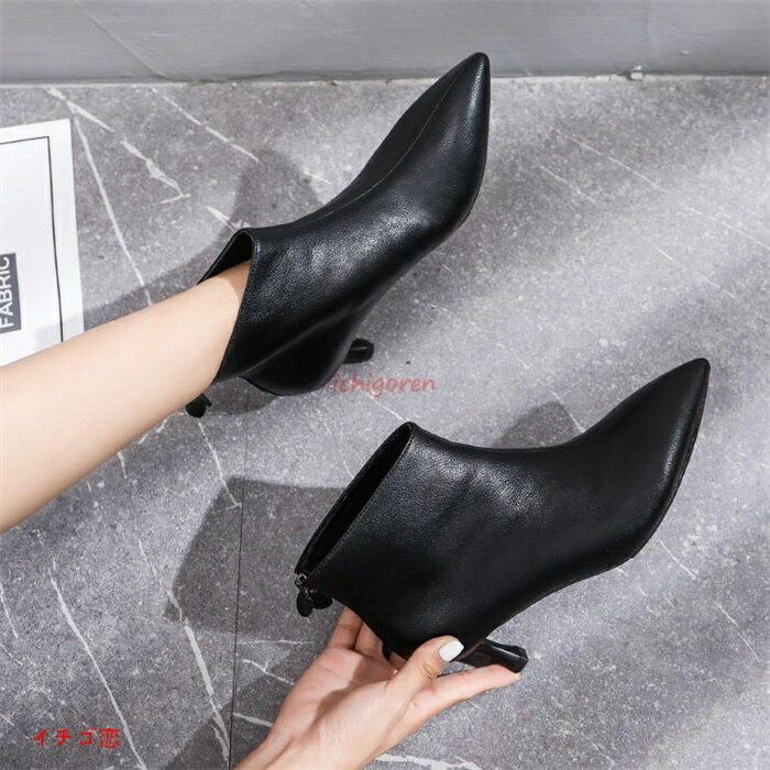 ブーツ ブーティー レザーブーティー ピンヒール ポインテッドトゥ シューズ 靴 スリップオン レディース 紐なし 黒ブーツ 黒ブーティー ミドルヒール 無地 大人(4.0)