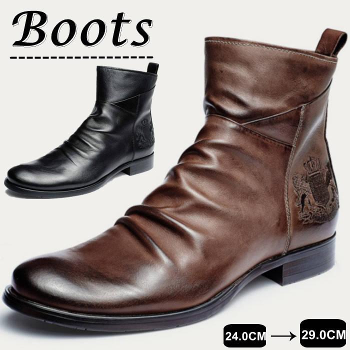 レザーブーツ ショートブーツ サイドジッパーブーツ メンズブーツ PU皮革 靴 ハイカットシューズ レザーシューズ 刺繍 アウトドアカジュアルブーツ ビジネスブー