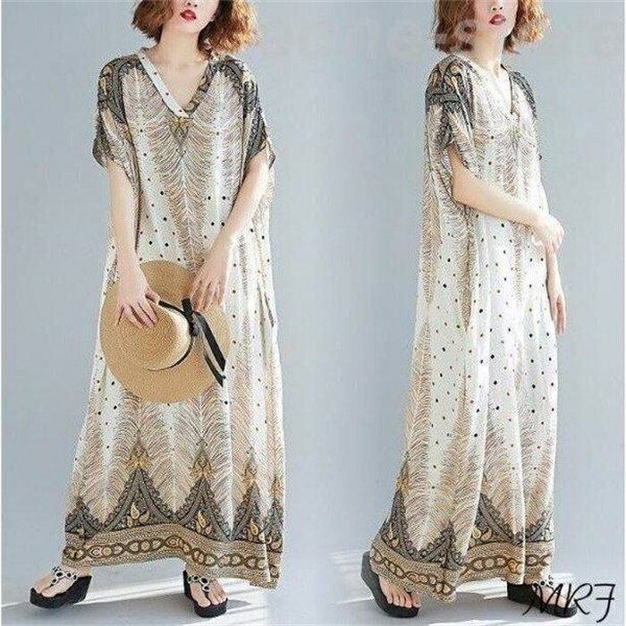 ワンピース レディース コットン 森ガール ナチュラル ゆったり 体型カバー マキシワンピース ロング 半袖 綿 大きいサイズ ボヘミア風..