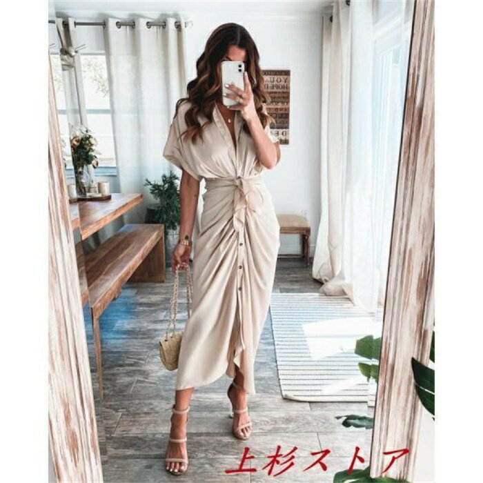 乐天商城 - マキシワンピース ワンピース レディース 40代 シャツワンピース 半袖 ワンピ ロングワンピース オシャレ 韓国風 着痩せ 通勤 上品 10色
