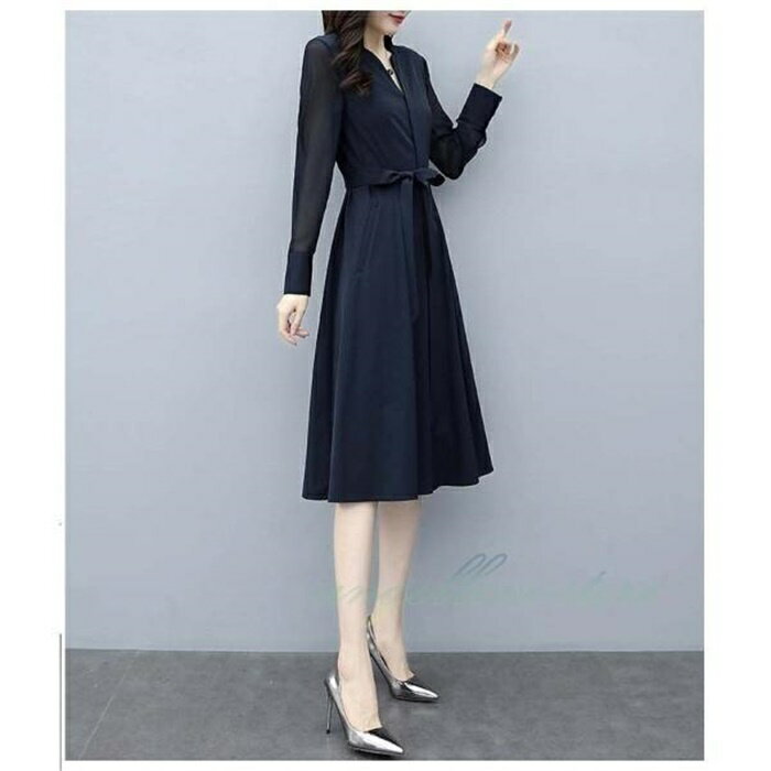 ワンピース レディース 春夏 きれいめ 膝丈 上品 長袖 シフォン ワンピース vネック 着痩せ 通勤 結婚式ドレス お出かけ オシャレ 30代40代50代