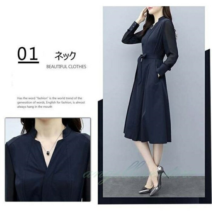 ワンピース レディース 春夏 きれいめ 膝丈 上品 長袖 シフォン ワンピース vネック 着痩せ 通勤 結婚式ドレス お出かけ オシャレ 30代40代50代