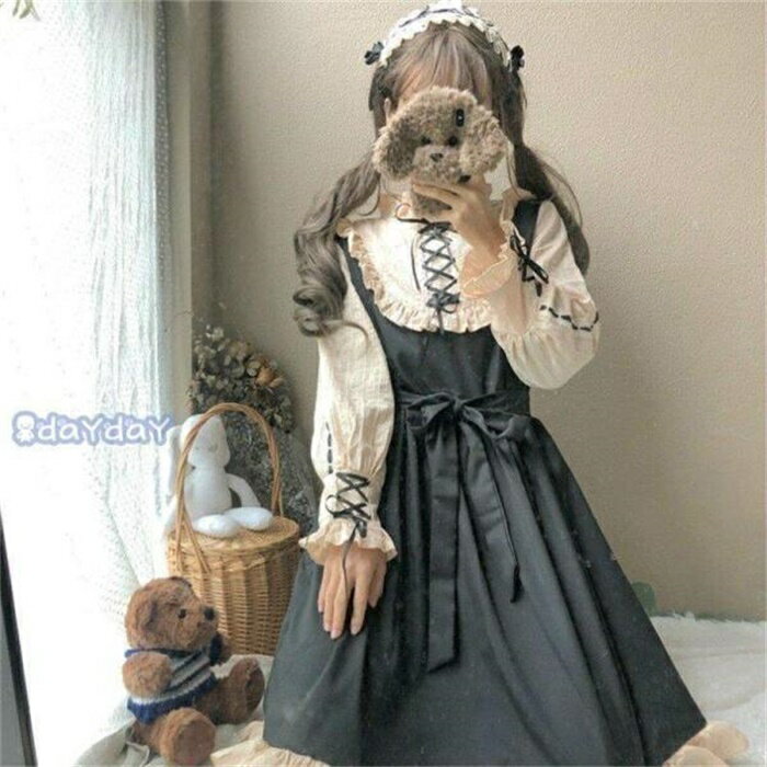 乐天商城 - レディース 長袖 黒 フレアフリルワンピース ロリータ Lolita ドレス 膝丈 スカート 可愛い 大きいサイズ ゴスロリ コスプレ ゆめかわ