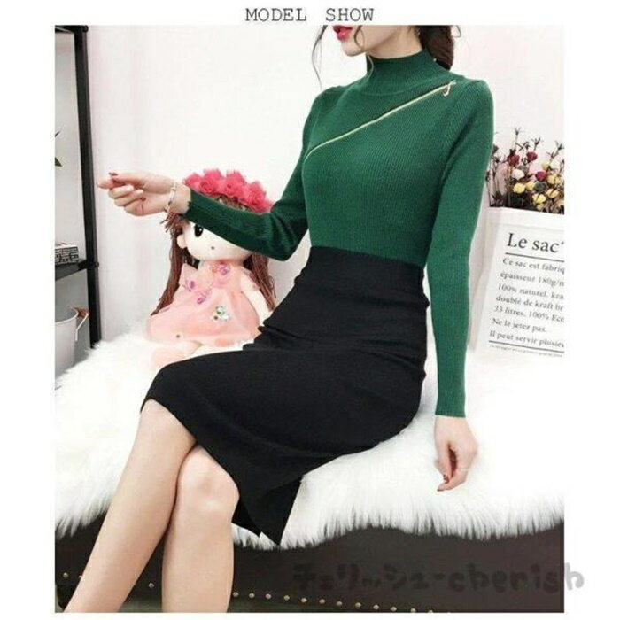 ニットスカート 膝丈スカート タイトスカート レディース スリット入り ウエストゴム ミディアムスカート 女性用 ボトムス 厚手 シンプル 通勤