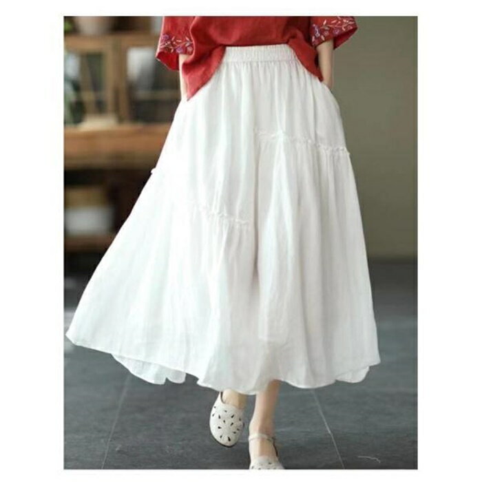 スカート Aラインスカート 麻綿混紡 ロング丈 フリル ウエストゴム入り 重ね レディース ボトムス