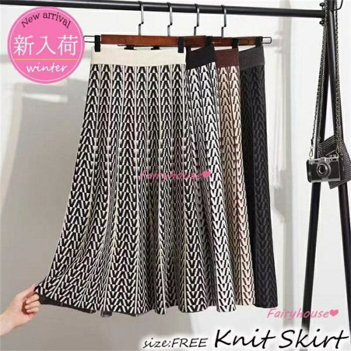 ニットスカート ロング丈 秋冬 幾何柄ニット プリーツスカート レディース 40代 aラインスカート ミディアム丈 フレアスカート ハイウェストボトムス オシャレ