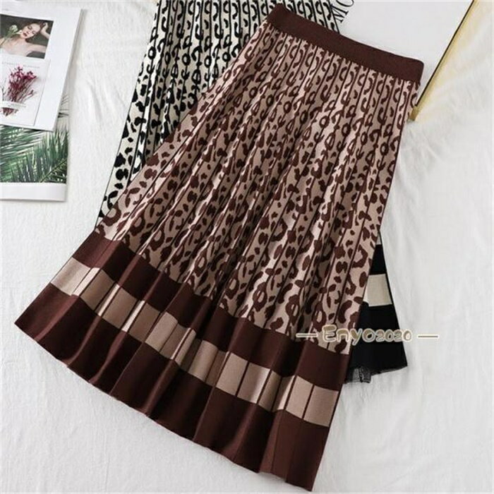 スカート 秋冬 ロングスカート レディース ボトムス マキシスカート ニットスカート ニット プリーツ レオパード