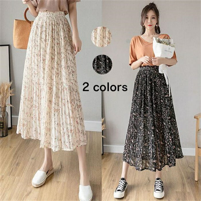 スカート レディース 春夏 ロング丈 花柄 プリーツスカート シフォン ロング ボトムス 美脚 通勤 オシ..