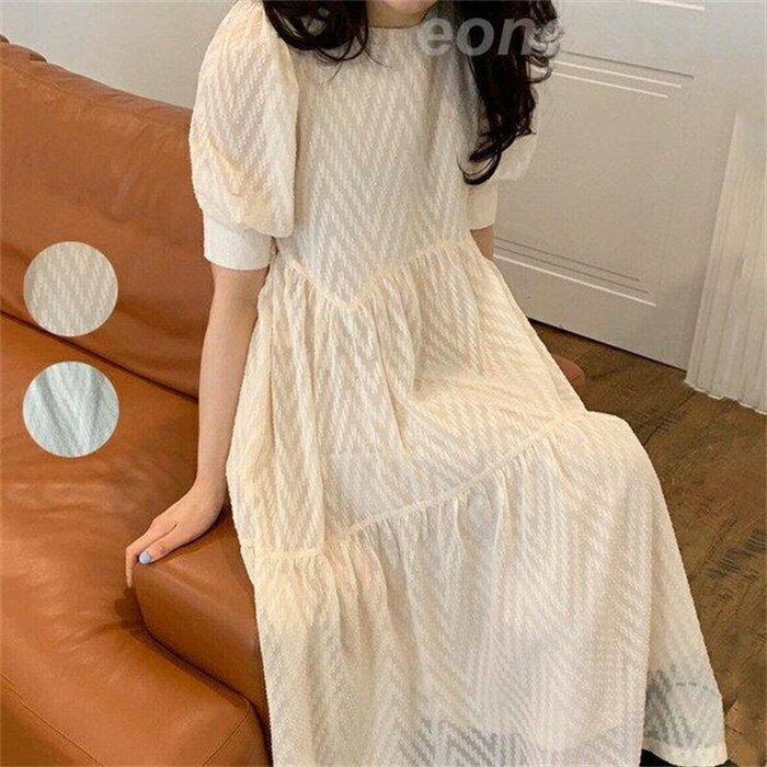 ワンピース レディース 40代 キレイめ マキシワンピース 春夏 半袖ワンピース パフスリーブ シフォンスカート オシャレ ゆったり韓国風 体型カバー