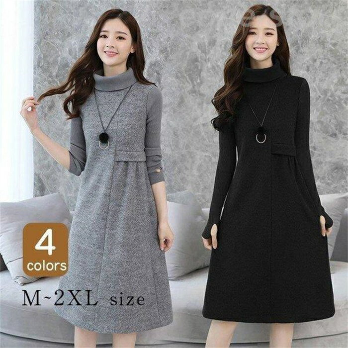 ニットワンピース 40代 レディース 秋冬 ハイネック 厚手 長袖 ロングワンピース マキシ 黒スカート セーターワンピース 着痩せ きれいめ 韓国風 30代 50代