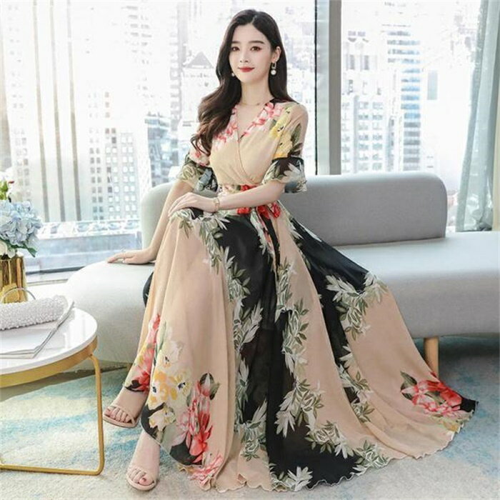 ワンピース レディース 40代 キレイめ マキシワンピース 春夏 半袖ワンピース シフォン 花柄フレアスカートひざ下 オシャレ大きいサイズ ボヘミア風 50代