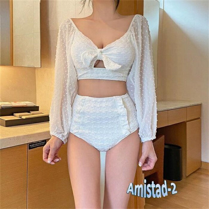 乐天商城 - 水着 ビキニ スイムウェア 体系カバー水着 セパレート 体系カバー 二の腕カバー 長袖 リボン レース ハイウエスト 伸縮性 胸元 谷間魅せ 水陸両用 上下セット