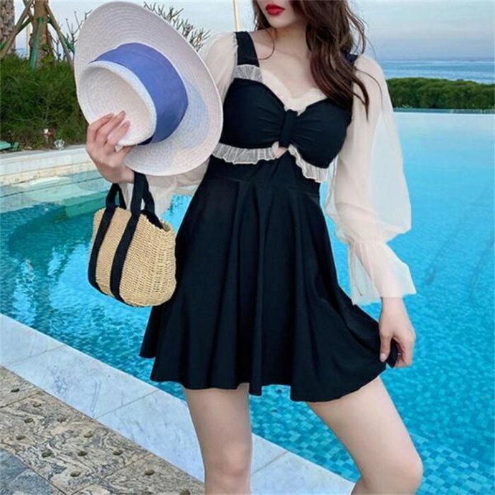 ワンピース水着 シースルー袖 体型カバー