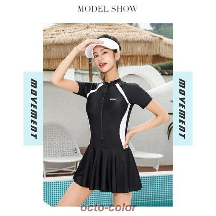水着 レデイース ジュニア ワンピース水着 スイミング オトナ女子 体型カバー キッズ スイムウェア スポーツウエア ビーチ パッド付き スポーティー ブラック