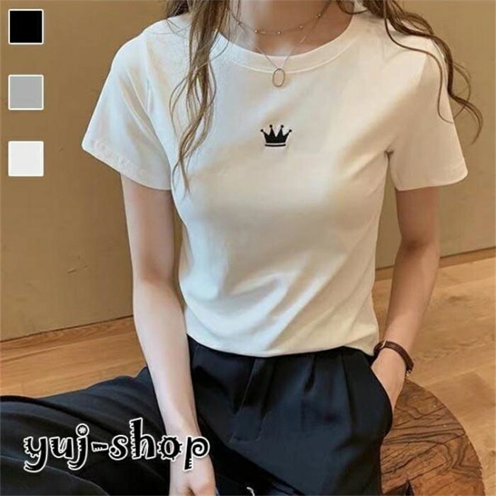 乐天商城 - Tシャツ レディース 半袖Tシャツ コットン クルーネック 夏Tシャツ 白 カットソー 半袖 サマーTシャツ 快適 シンプル ゆったり トップス 薄手