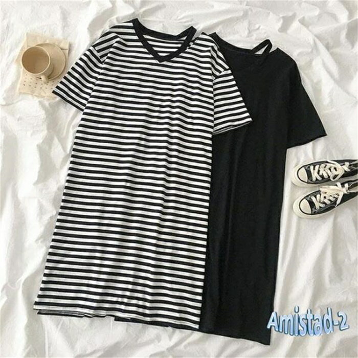 Tシャツワンピ 夏 レディース ワンピース 半袖 Tシャツワンピース ボーダー柄 ゆったり Vネック ロングTシャツ 半袖ワンピース サマーワンピース