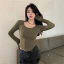 tシャツ Tシャツ レディース カットソー 着痩せ 長袖 スリム ストレッチ Uネック トップス ショート丈 ins 細身 10代20代30代40代 美ライン ...