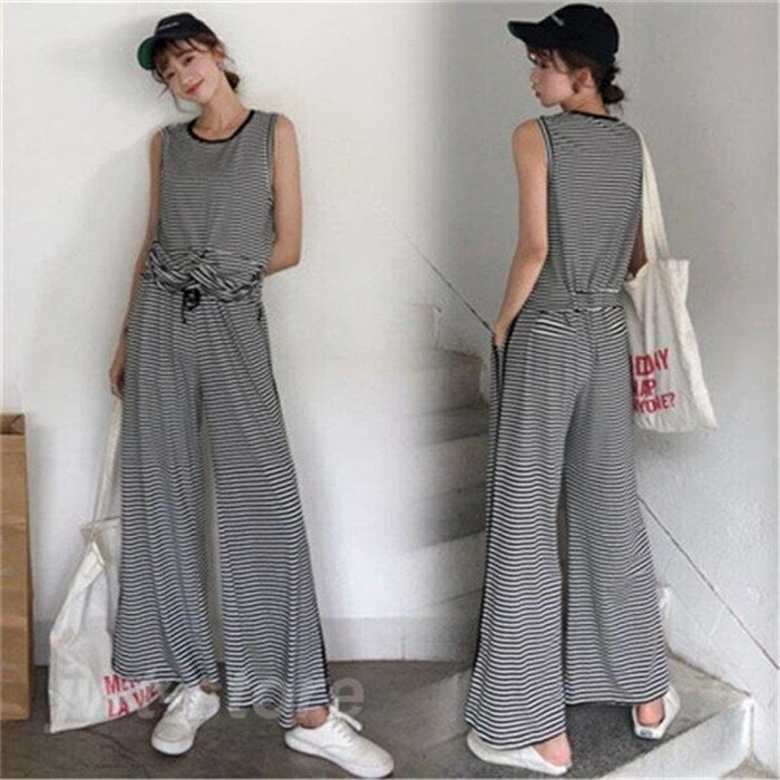 レディース 夏 2点セット ボーダー Tシャツ ノーワイヤー チョッキ ハイウエスト 長ズボン パンツ トップス トランクス 上品 着痩せ きれいめ 韓国風 通勤 OL