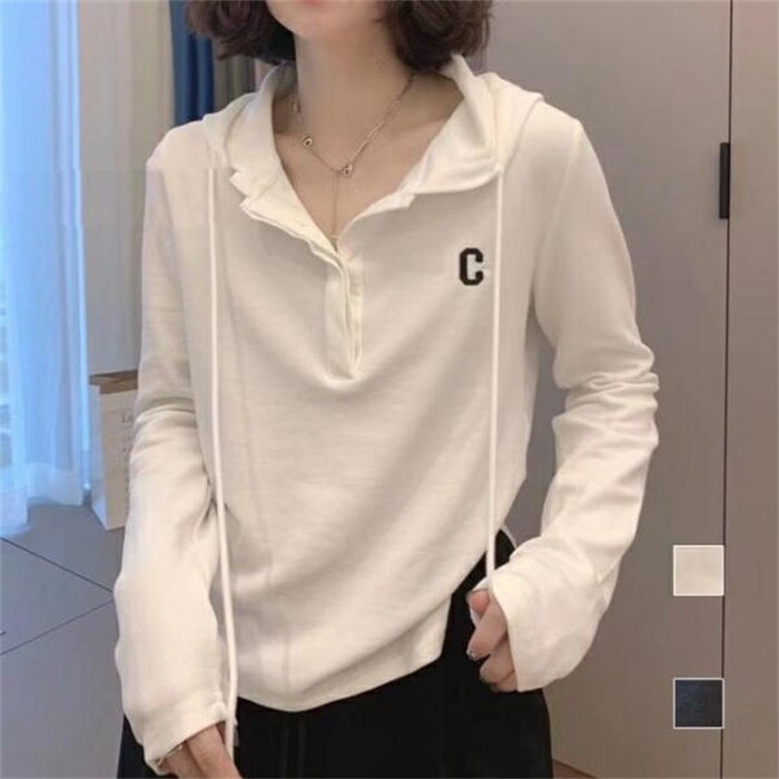 Rakuten - Tシャツ フード付き フロントボタン カットソー 長袖 黒 白 レディース トップス