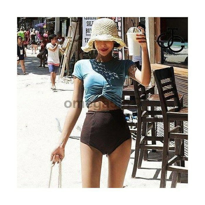 水着 レディース セットアップ Tシャツ 半袖 ビキニ ヘソ出し バイカラー 大人 体型カバー ママ