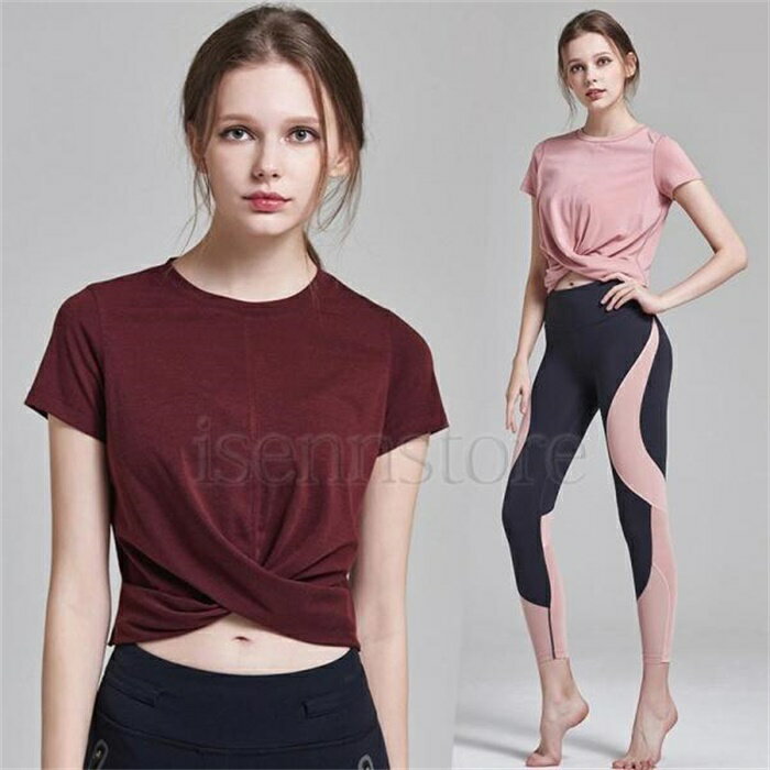 乐天商城 - トップス Tシャツ 半袖 スポーツウェア ヨガウェア レディース ショート丈 へそ出し ドレープ 無地トレーニング ランニング ジム 運動