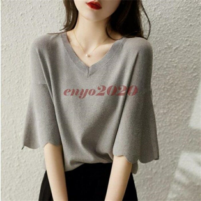 Other - ニット Tシャツ レディース 40代 春夏秋新作 上品Tシャツ ブラウス Vネック インナー 薄手ニット ベルスリーブ 五分袖トップス 大人通勤 ゆったりtシャツ 30代