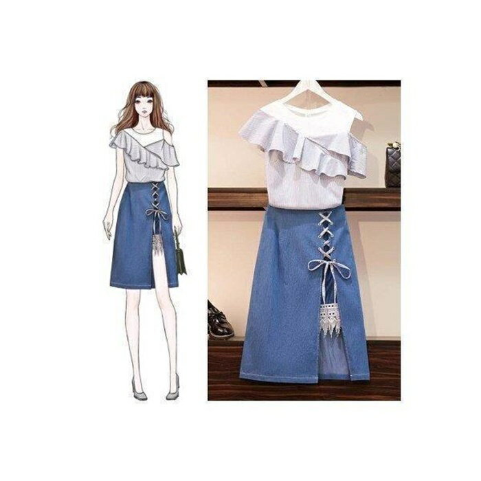 セットアップ ブラウス Tシャツ スカート レディース 上下2点セット Uネック 肩出し デニムスカート レースアップデザイン ミドル丈 スリムフィ