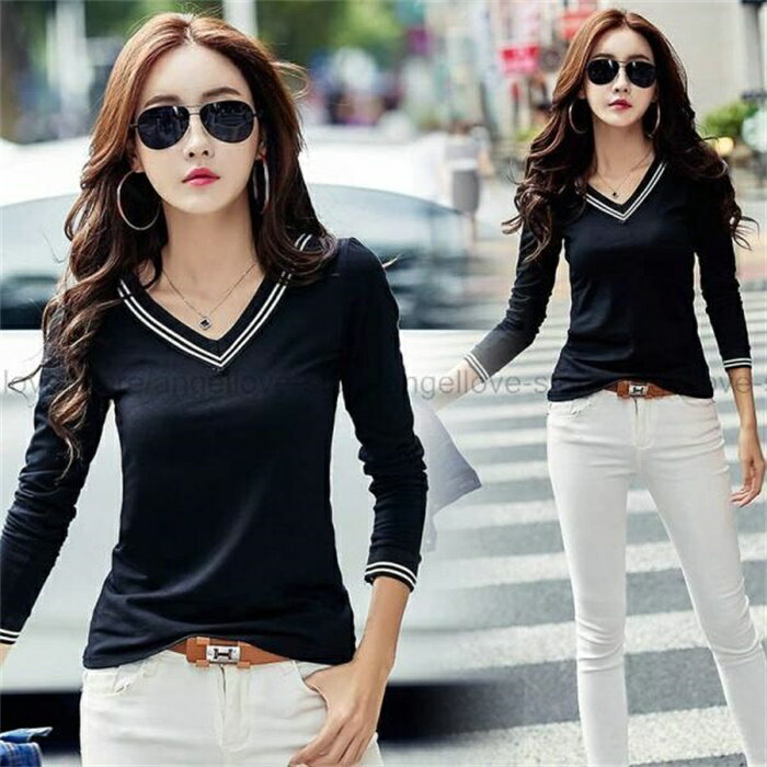 人気 Tシャツ カットソー レディース トップス Vネック 小顔効果 ボーダー柄切り替え 長袖 M-2XL