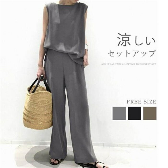 乐天商城 - セットアップ レディース 夏 春 Tシャツ ブラウス 袖なし ノースリーブ カジュアル ワイドパンツ 無地 きれいめ ロングパンツ 体型カバー 着痩せ
