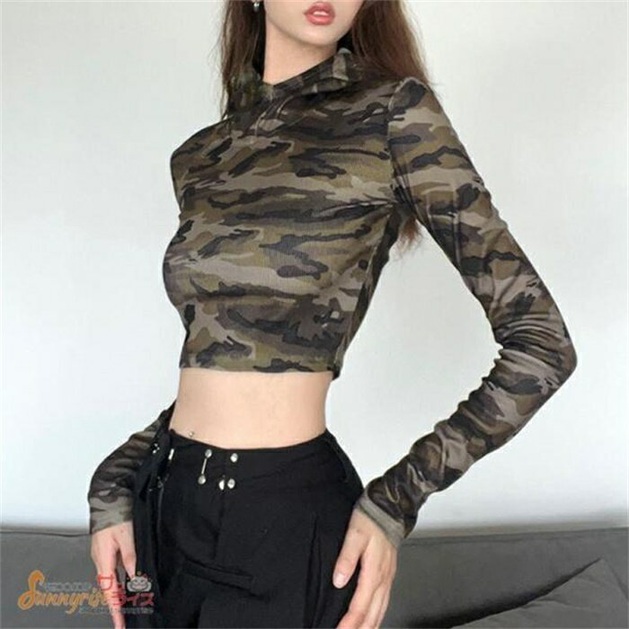 トップス 迷彩柄 トップス レディース 長袖Tシャツ 帽子付き へそ出し セクシー 原宿系 奇抜 派手 ダンス 衣装 ヒップホップ コスチューム 個性的 服 原宿系
