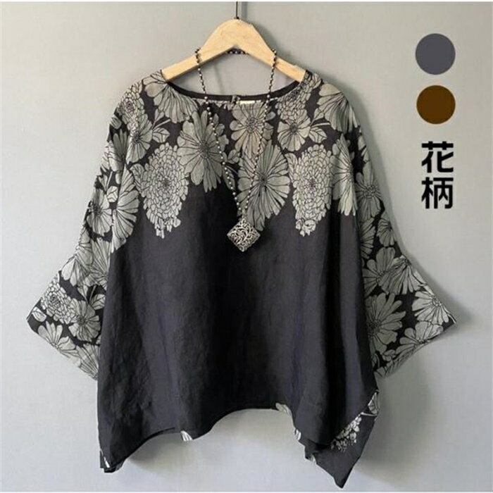 乐天商城 - ドルマンブラウス ブラウス 花柄 綿麻 トップス Tシャツ レディース プルオーバー ドルマンスリーブ ゆったり 大人 ナチュラル