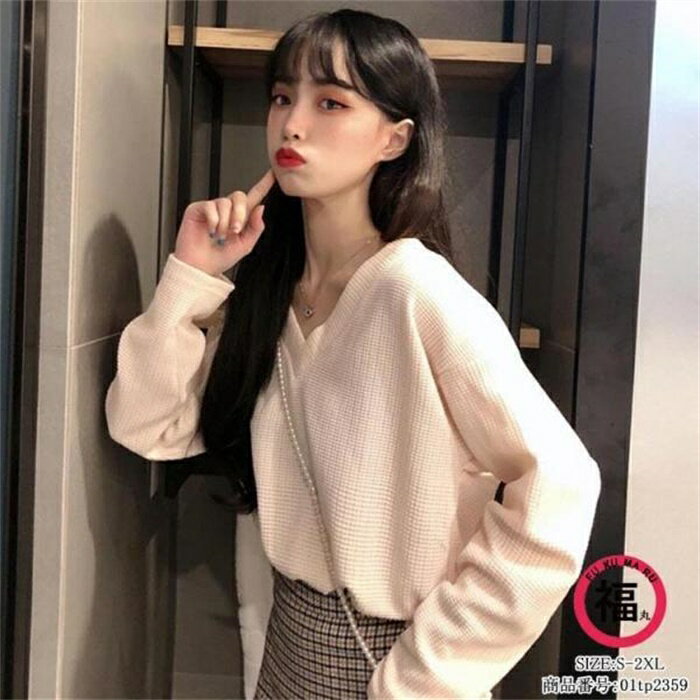 Other - ニット トップス プルオーバー tシャツ ブラウス レディース ショート丈 長袖 無地 Vネック コーデ ゆったり オシャレ 優雅 着痩せ 体型カバー シンプル 春 秋