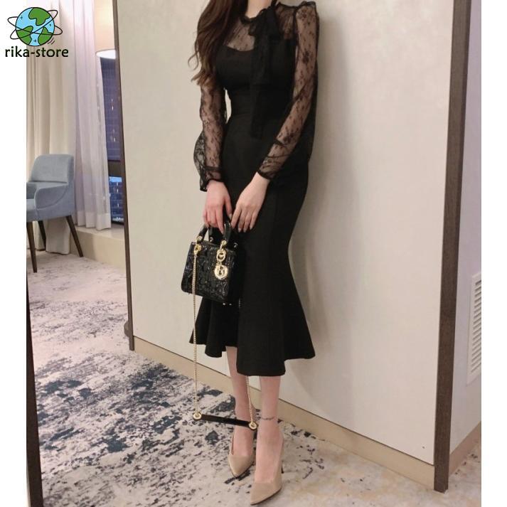 パーティードレス 結婚式 お呼ばれドレス マーメイドワンピース マーメイドドレス シアー袖 ボウタイリボン パフスリーブ 袖あり 長袖 黒 膝下丈